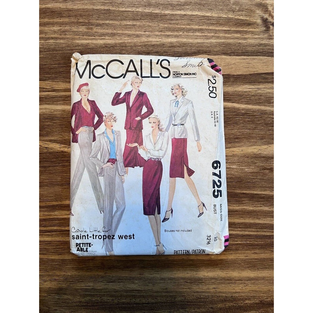 McCall's Pattern 6725 Miss Size 10 Bust 32 1/2" Jacket Skirt Pants Cut Complete